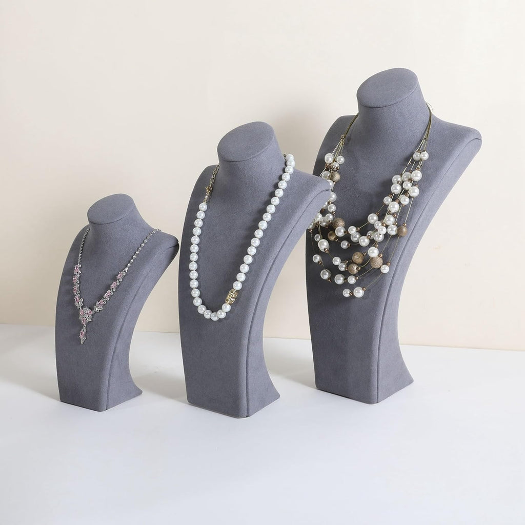 GemeShou Grey necklace storage organizer for sale, Velvet necklace holder stand, jewelry bust display stands, Jewelry Mannequin for Countertop, Showcase【Grey-Medium height 10.43 inch】