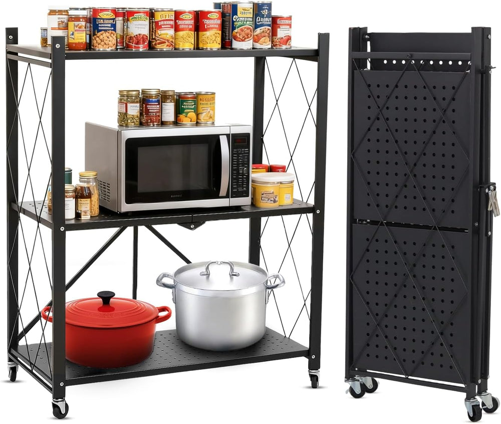 COKIHOM 3-Tier Folding Shelf, No Assembly Metal Shelving Unit with Wheels, He...