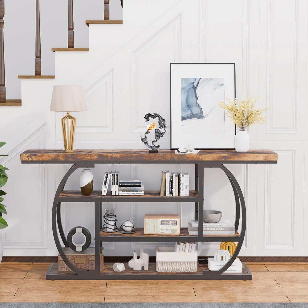 63" Narrow Console Table with Storage, 4-Tier Sofa Table Behind Couch, I...