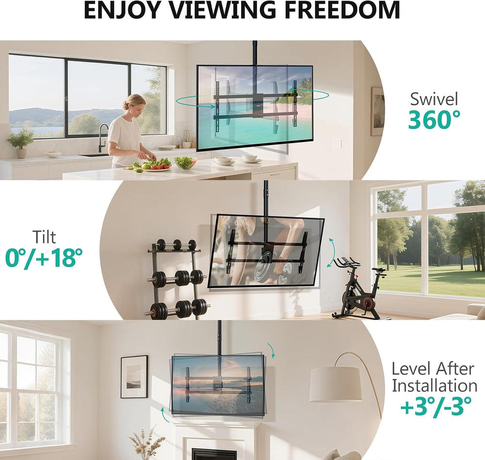 WALI Heavy Duty Ceiling TV Mount for 37-90 inch Large TVs, up to 220 lbs | Ha...