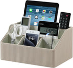 Remote Control Holder with 5 Compartments for Office Art Supplies, PU Leather Nightstand Organizer Pencil Pen Desk Caddy for Home, Desktop TV Remote Control Organizer Storage (Striped Beige)
