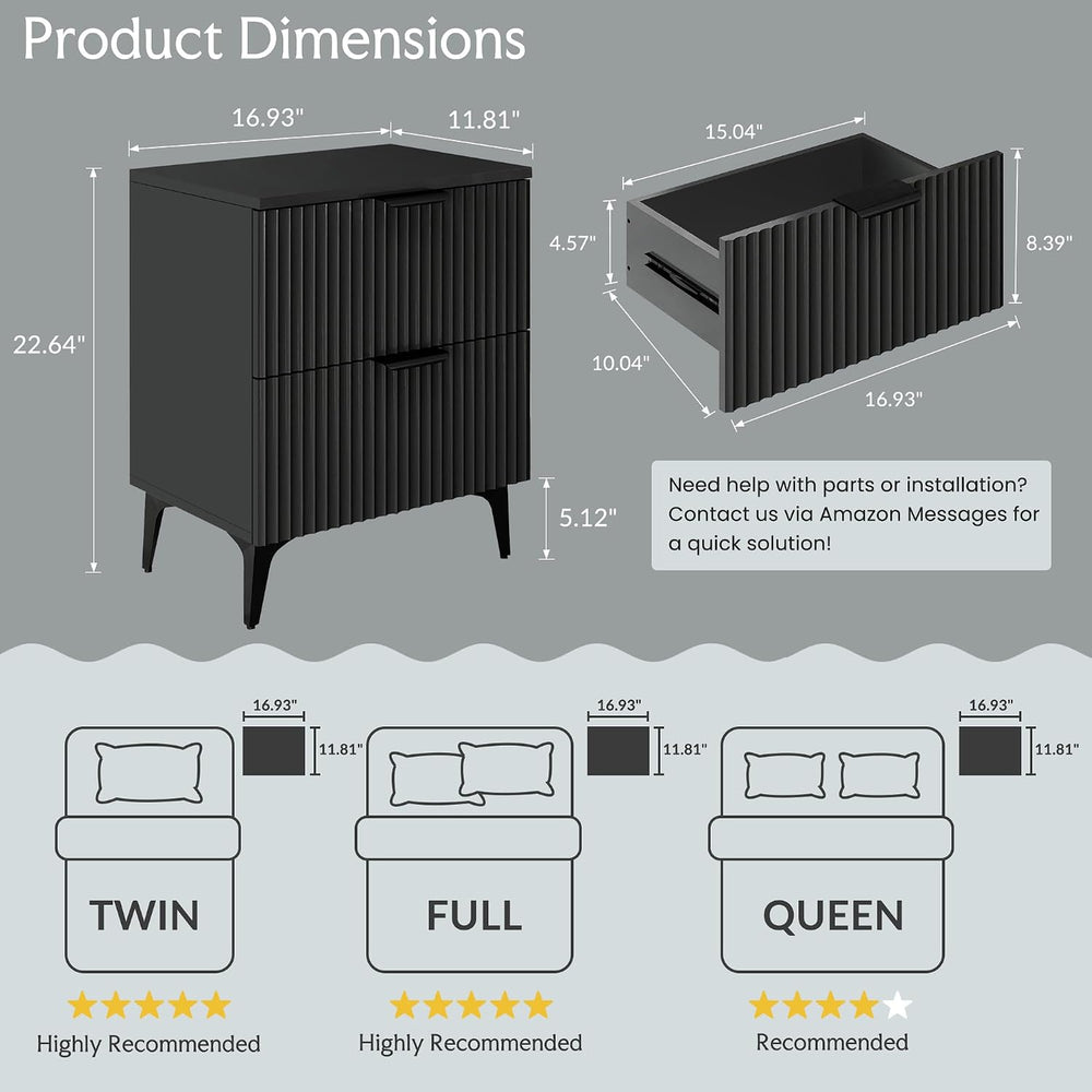 Wood Nightstand Set of 2, Fluted Bedside Tables with 2 Drawers