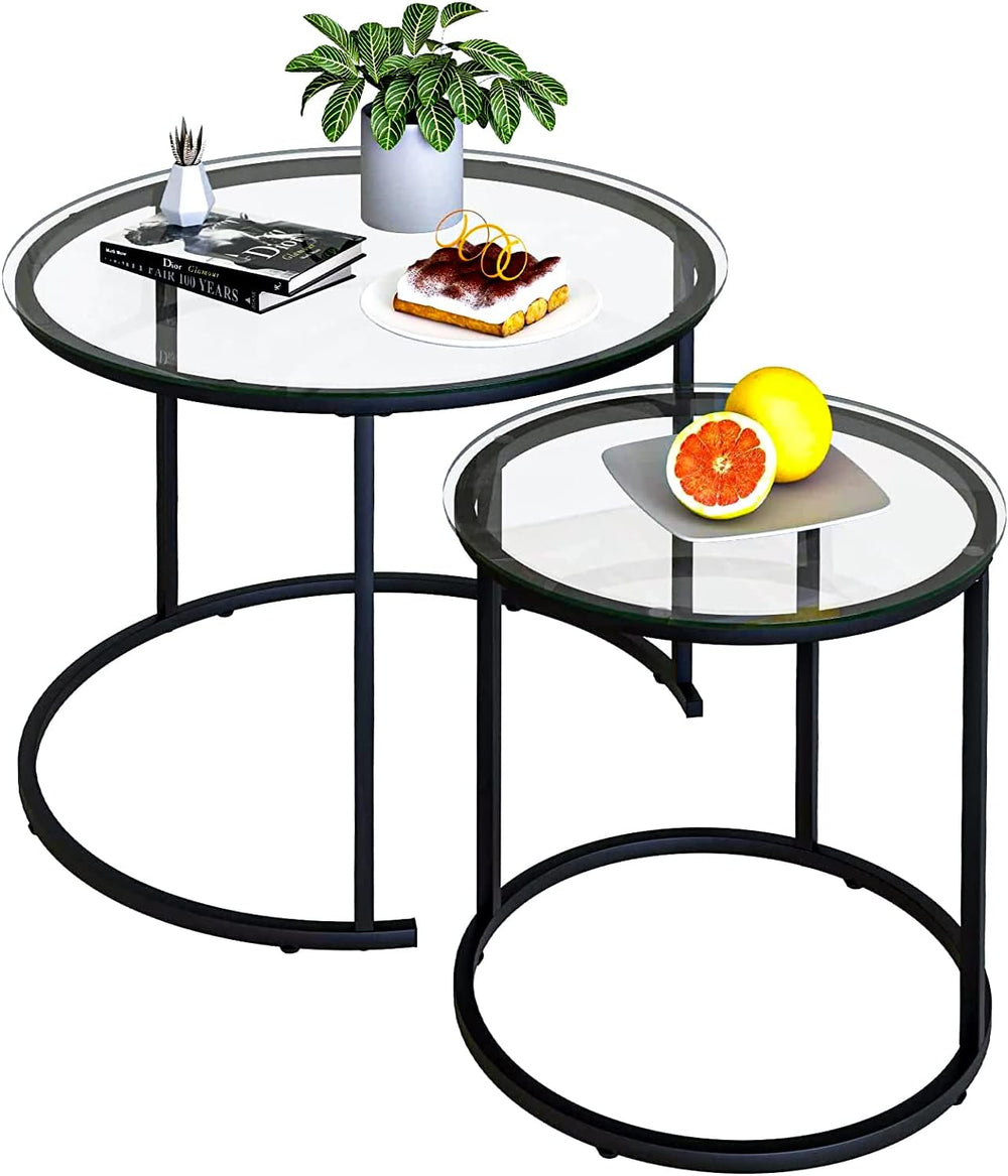 Nesting Coffee Table Set of 2,Modern Black Tempered Glass Side Table, Metal F...