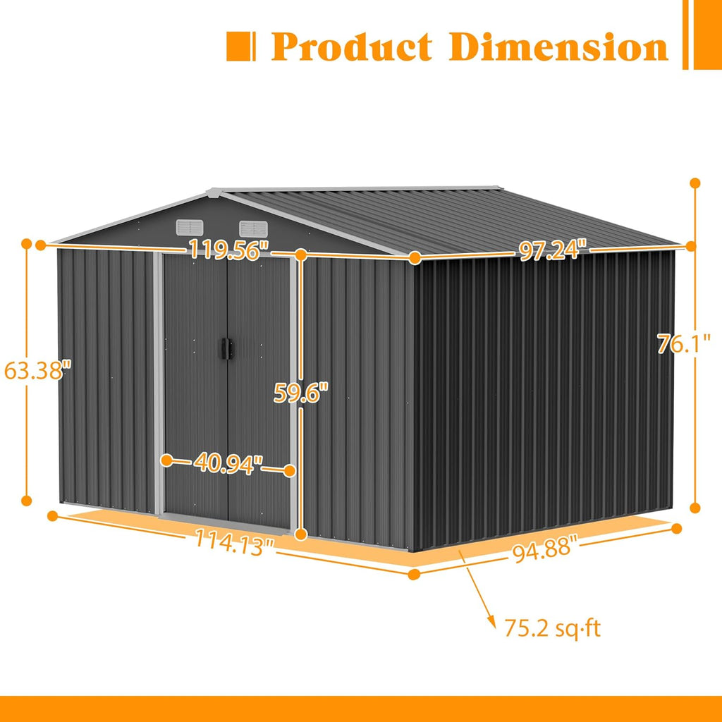 Storage Shed 10x8 FT Outdoor Metal Garden Shed with Lockable Sliding Door and Air Vents Galvanized Steel Shed with Air Vents Waterproof Roof Ideal for Backyard Patio Lawn Dark Gray