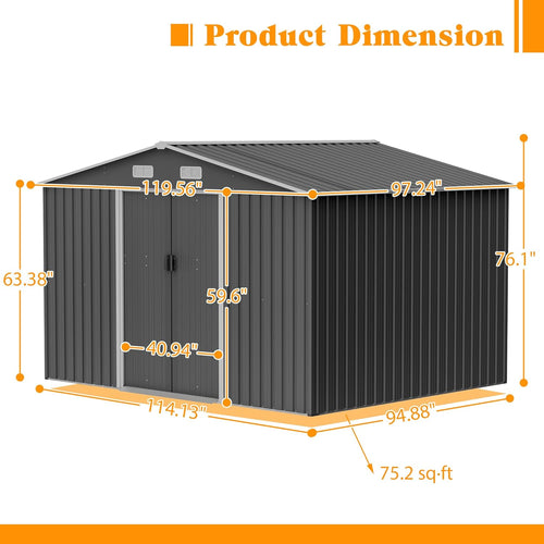 10x8 FT Outdoor Storage Shed with Floor Frame, Metal Sheds Included Double Air Vents & Lockable Sliding Door Foundation Steel Garden Tool Shed with Waterproof Roof Ideal for Backyard Patio Dark Gray