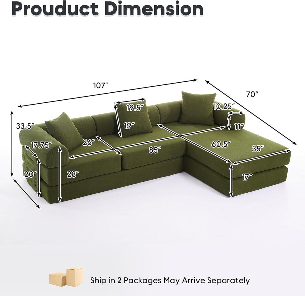 L Shaped Modular Sofa Bed with Cylindrical Pillow & Reversible Chaise, Co...