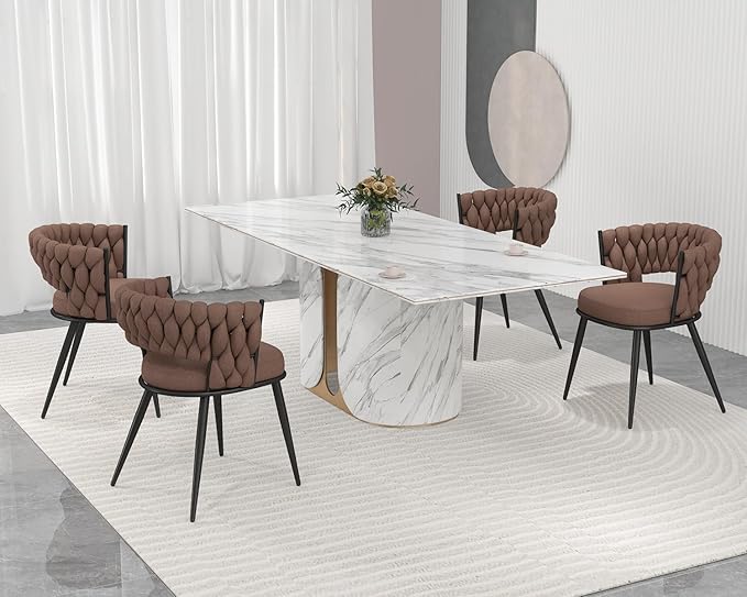 KCC Fabric Dining Chairs Set of 2, Modern Dining Chair with Metal Legs, Woven Upholstered Dining Chairs for Dining Room, Kitchen, Vanity, Living Room (Brown)