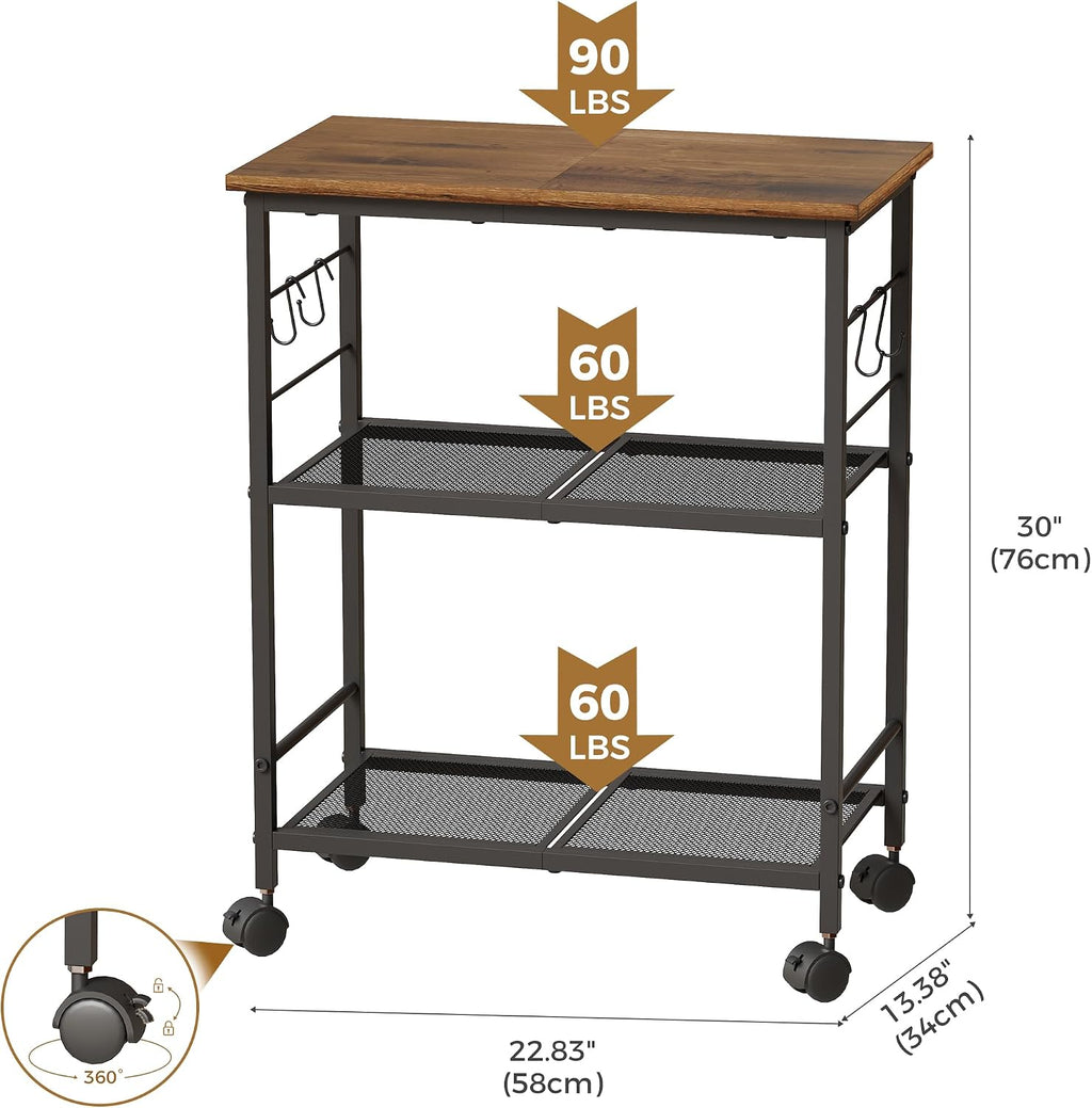 BEWISHOME 3-Tier Rolling Kitchen Microwave Cart, Small Microwave Stand | 4 Lockable Wheels, Hooks, Small Coffee Cart Shelf Rack Organizer for Kitchen, Living Room, Bathroom