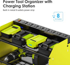 CCCEI Modular Power Tool Organizer Wall Mount Charging Station, Green 6 Drills Holder with 8 Plug Power Strip 6FT, Garage Drill Battery Heavy Duty Metal Shelf, Utility Rack with Hooks, Side Storage.