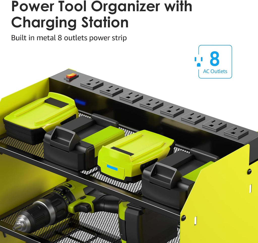 CCCEI Modular Power Tool Organizer Wall Mount Charging Station, Green 6 Drills Holder with 8 Plug Power Strip 10FT, Garage Drill Battery Heavy Duty Metal Shelf, Utility Rack with Hooks, Side Storage.