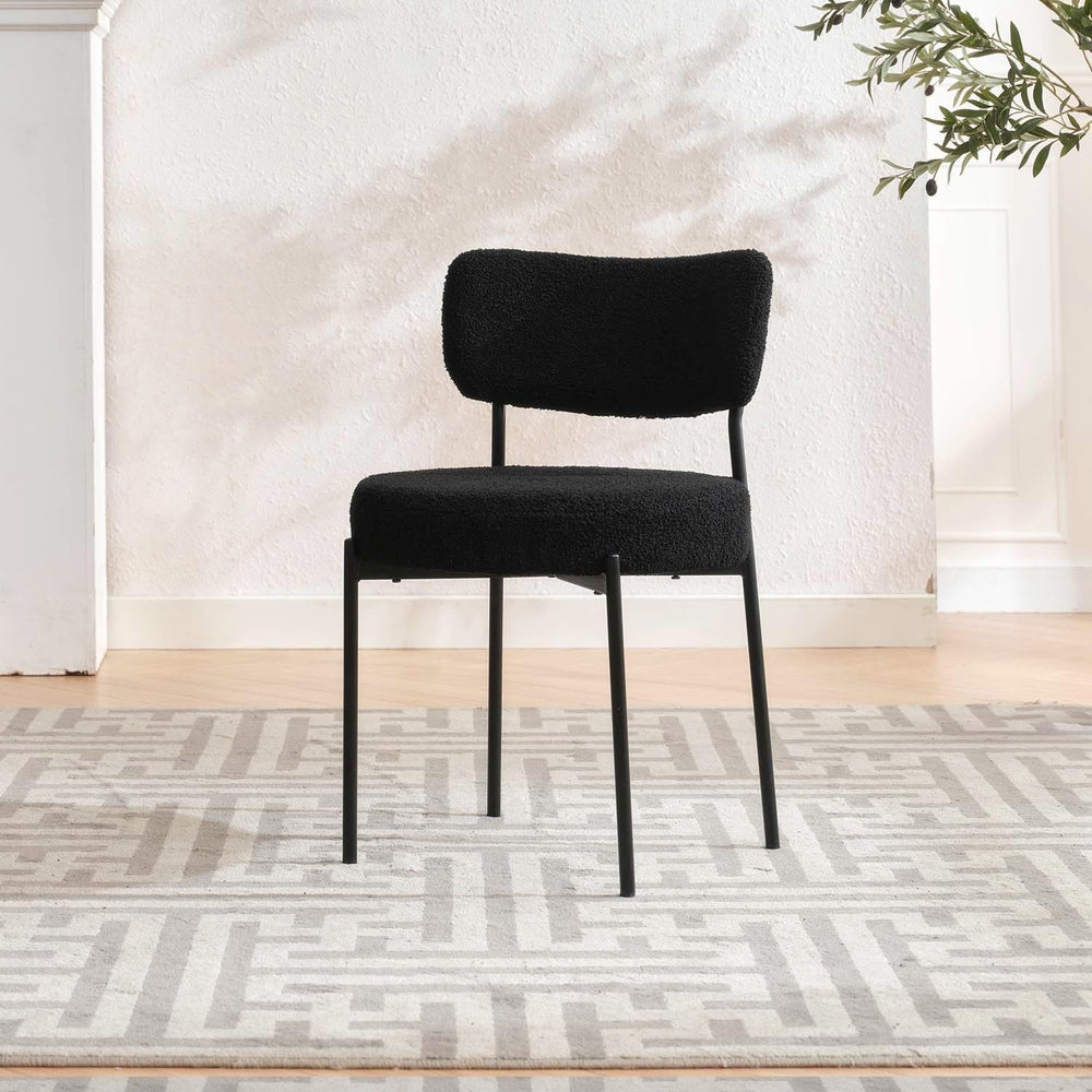 Black Boucle Dining Chairs Set of 2, Mid Century Modern Dining Room Chair wit...