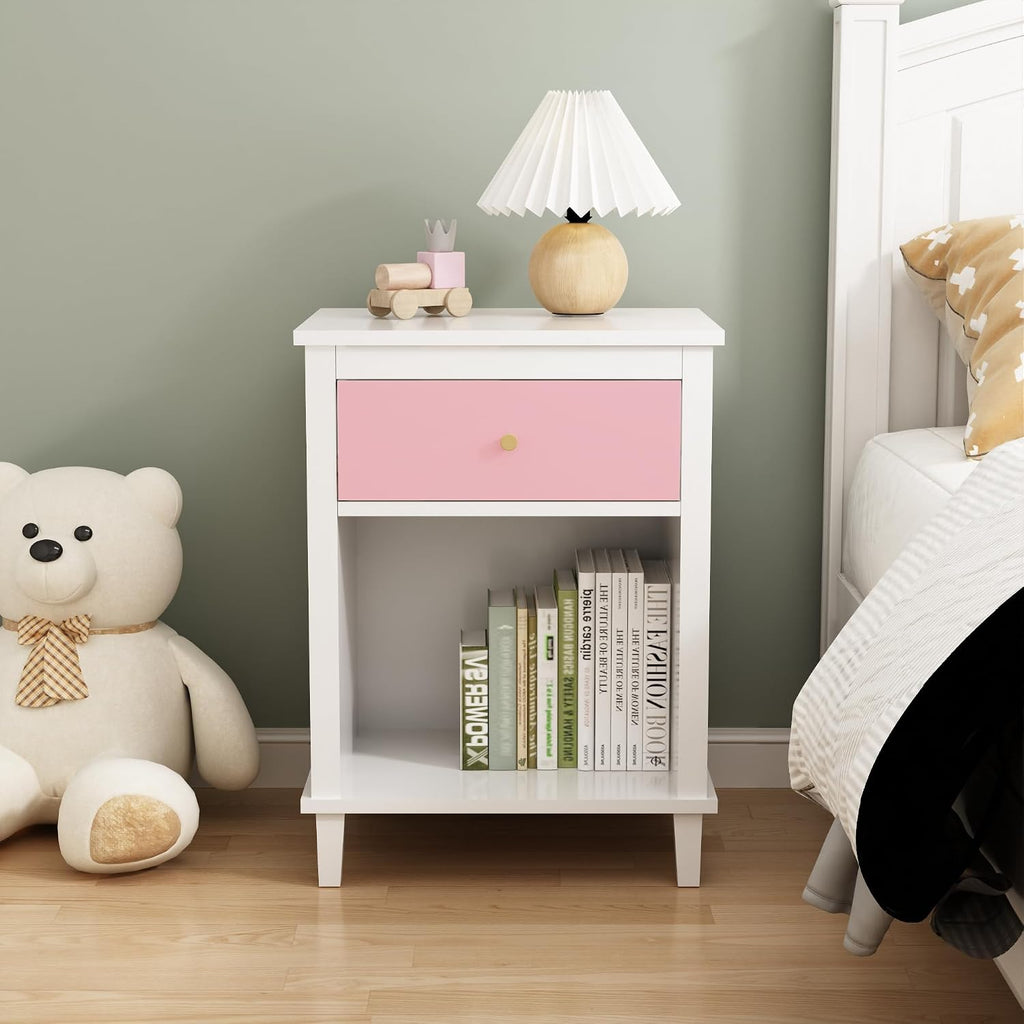 Nightstand with One Drawer & Open Storage Shelf, Modern Wooden Bedside Table for Kids, 26.77''H End Table for Living Room, Bedroom, Toddler Nightstand for Boys and Girls, White+Pink