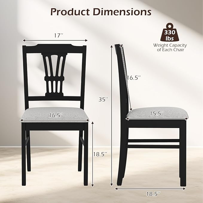 Giantex Wooden Dining Chairs Set of 2, Upholstered Kitchen Chairs with Solid Rubber Wood Frame, Hollowed Backrest & Soft Padded Seat, Armless Dining Chairs for Kitchen, Dining Room, Black & Gray