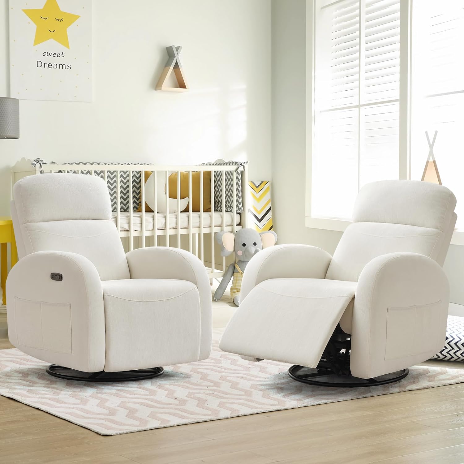 Power Nursery Glider Recliner, Chenille Electric Rocker Recliner with Type-C & USB Port, Nursery Swivel Rocker Recliners with Double Pockets for Adult, Cream White