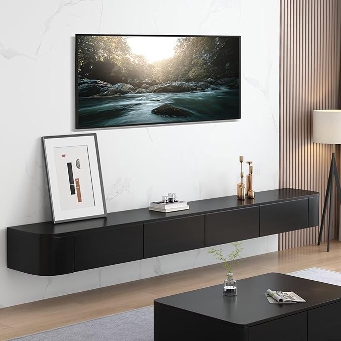 Floating TV Stand with Drawers, Pre-Assembled Wall Mounted TV Console, Modern Floating Media Console for Living Room, Space-Saving Floating TV Cabinet (Black (with Led), 55in/140cm)