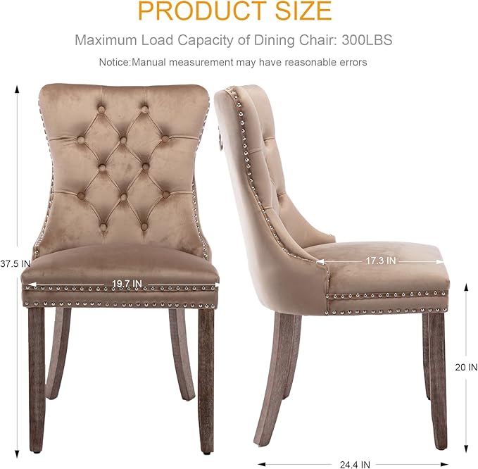 Velvet Dining Chairs Set of 2, Tufted Upholstered Dining Room Chairs with Back Ring Pull, Nailhead Trim and Solid Wood Legs, Modern Dining Chairs for Dining Room, Kitchen(Khaki)