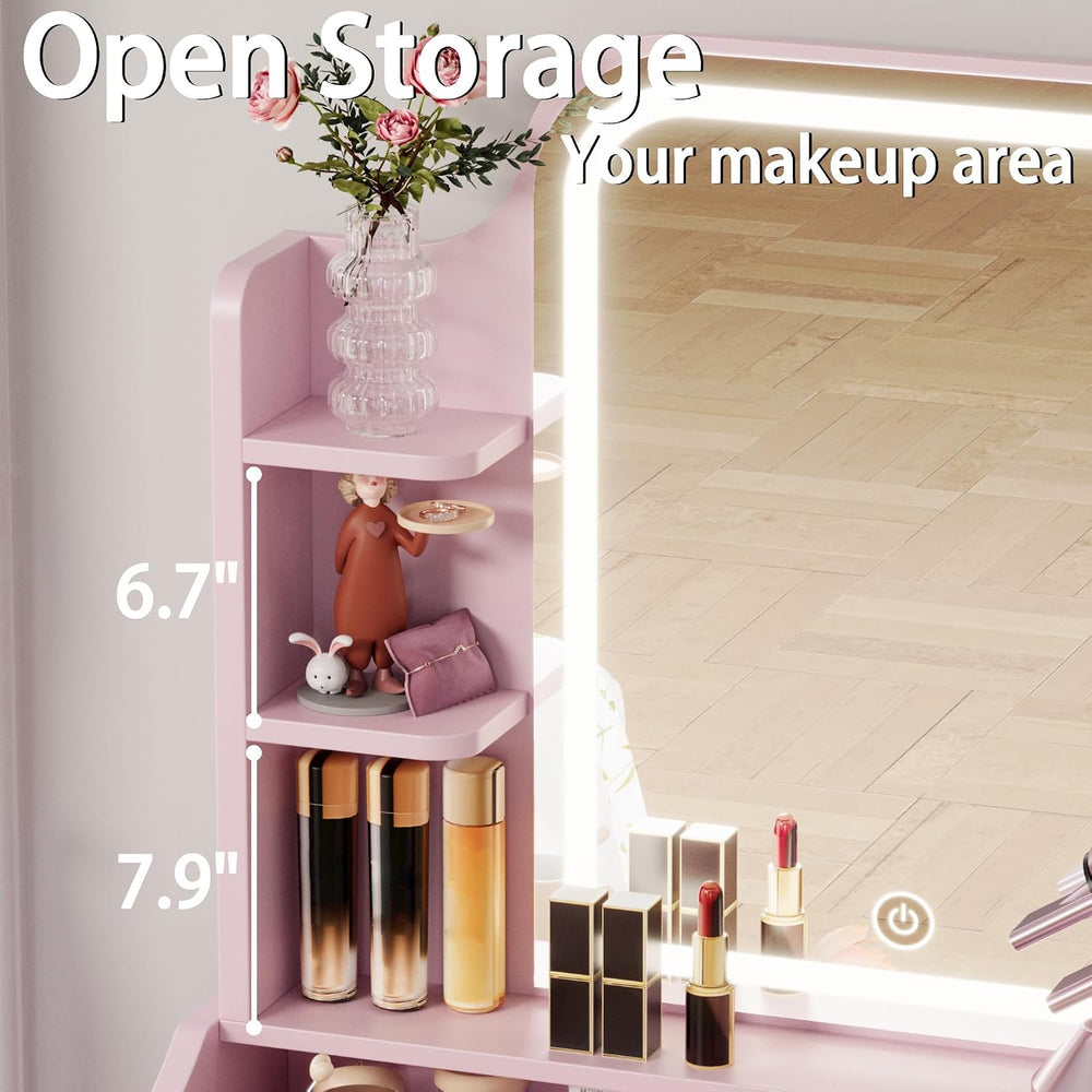 LIKIMIO Small Vanity Desk with Storage Stool and Mirror Lights | Pink compact...