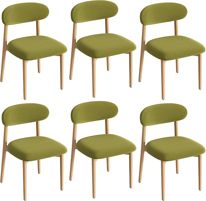 Wooden Dining Chair Set of 6, Modern Dining Chairs with with Curved Back, Fabric Upholstered Kitchen Dining Room Chairs with Adjustable Legs for Farmhouse Dining Living Room,Green
