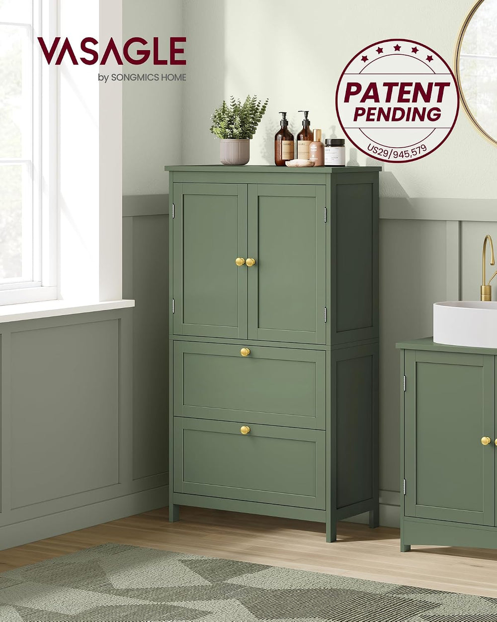 VASAGLE Bathroom Floor Cabinet with 2 Doors, 2 Drawers, Forest Green