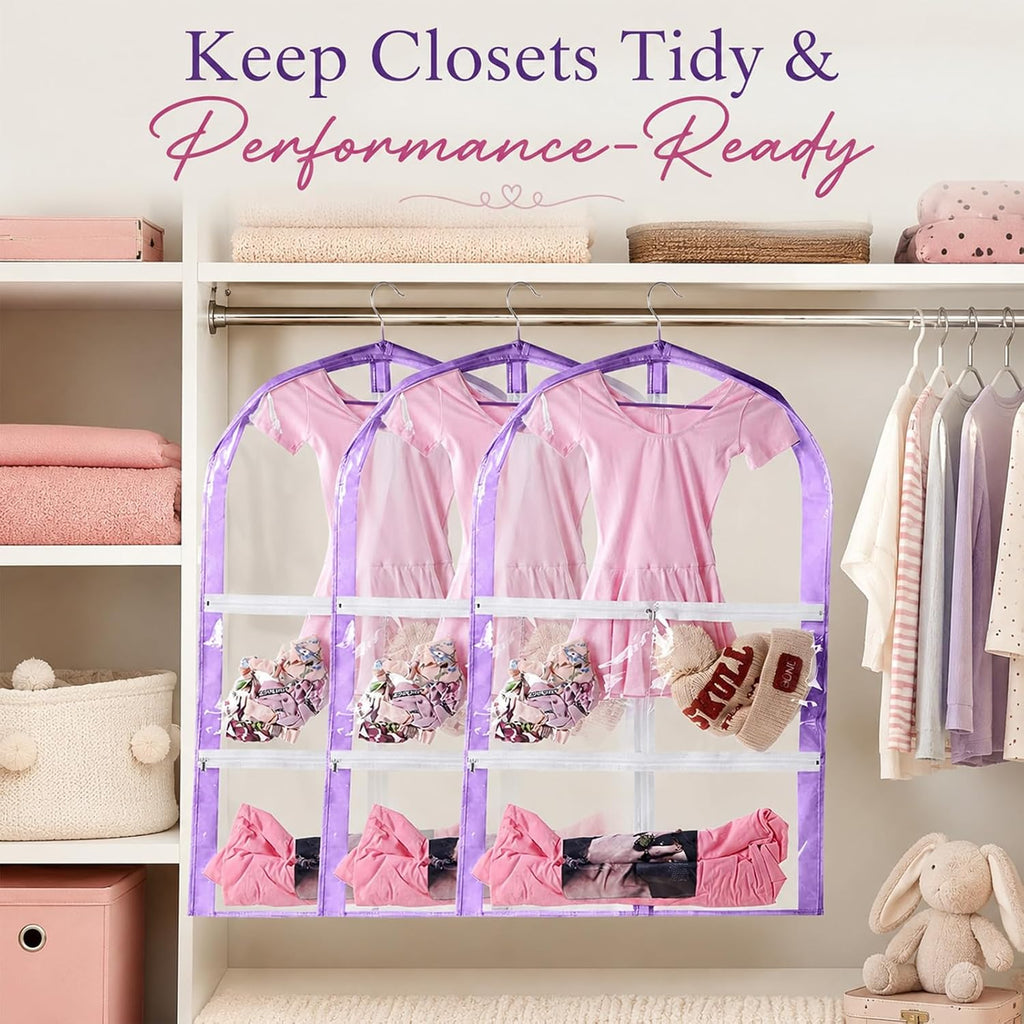Clear Kids Garment Bags,3 Packs Garment Bag For Dance Costumes With Pockets,Foldable Garment Bags For Hanging Clothes Travel Storage,Dance Garment Bags For Dancers.35" Garment Dance Competition Bag