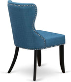 LESI9-SBB-21-9-Piece Dining Room Set Consists of a Modern Table and 8 Blue Linen Fabric Dining Room Chairs with Button Tufted Back - Sand Blasting Black Finish