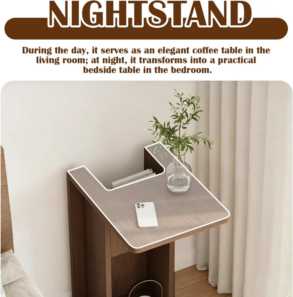 Modern C Shaped End Table for Couch,Walnut Solid Wood Nightstand,Slide Under ...