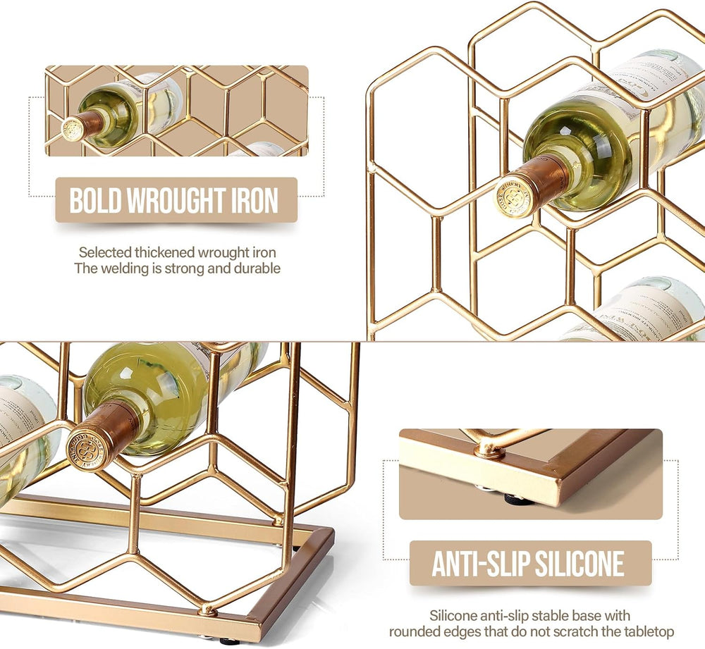 14 Bottle Countertop Wine Rack - Freestanding Modern Gold Metal Wine Rack - T...