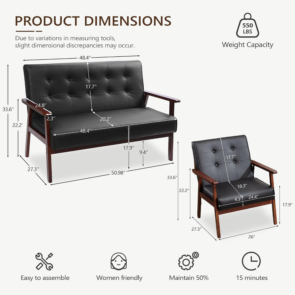 JIASTING Wooden Loveseat Sofa and Accent Chair Set of 2, Office