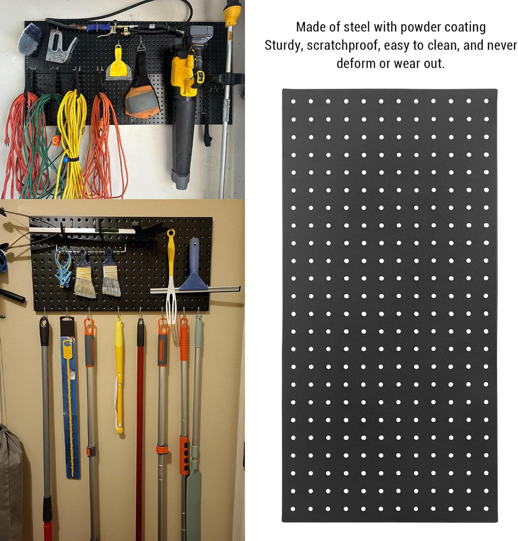 3Pcs Metal Pegboard Panels, 24x12inch Steel Black Pegboards Wall Organizer, 130lbs Heavy Duty Peg Board for Walls Home, Garage Tool Storage, Office Organization