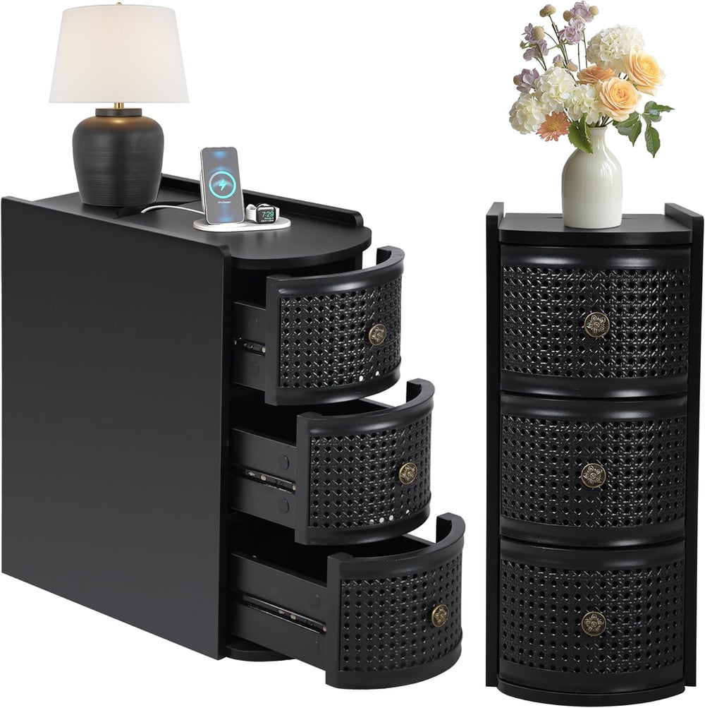 Narrow End Table Set of 2, Metal Rattan Side Table with Storage, Narrow Charg...