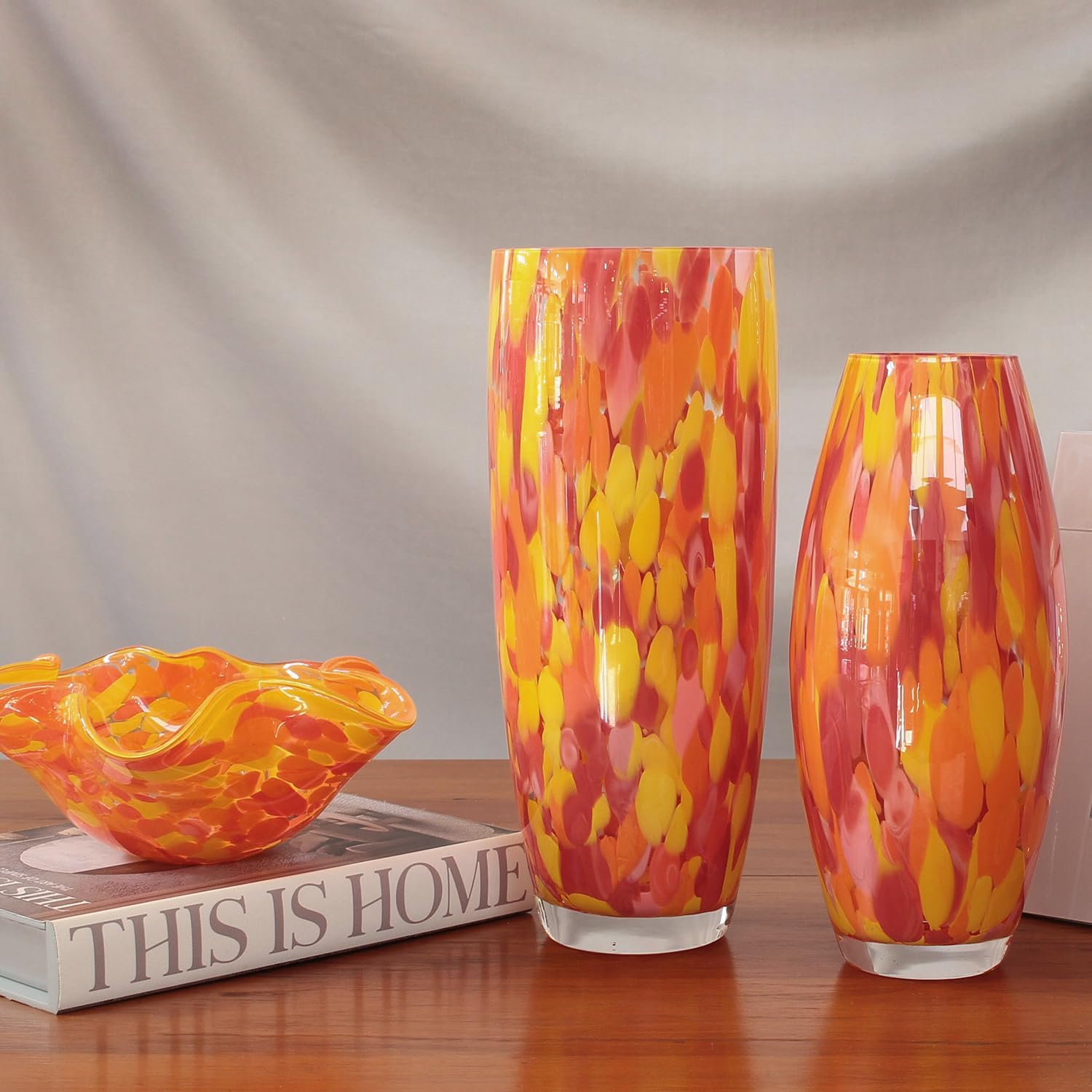 Murano Style Glass Vase Hand Blown Orange Confetti Effect Home Decor AD3 | Hand Blown Glass Vase, Decorative Table Centerpiece for Flowers - A Unique Gift for Christmas, Mother's Day, Valentine's Day