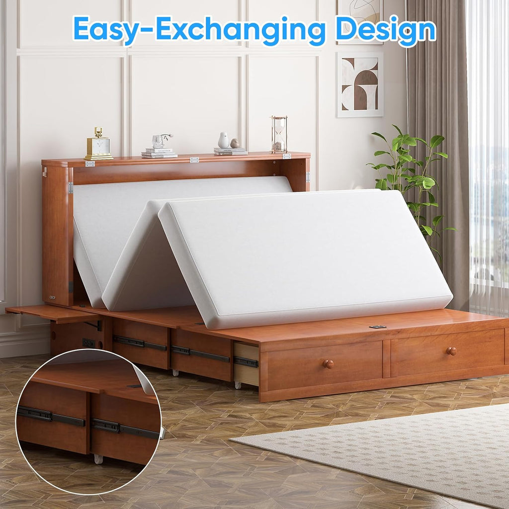PUREMIND Queen Murphy Bed — Multi-Functional Hideaway Cabinet Bed with Headboard, Space-Saving Wall Bed with USB-C Charging Ports & 2 Storage Drawers for Guest Room, Apartment, Home Office, Cherry