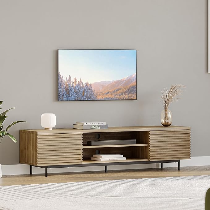 BELLEZE Fluted TV Stand for TV up to 75", Modern Entertainment Center wi...
