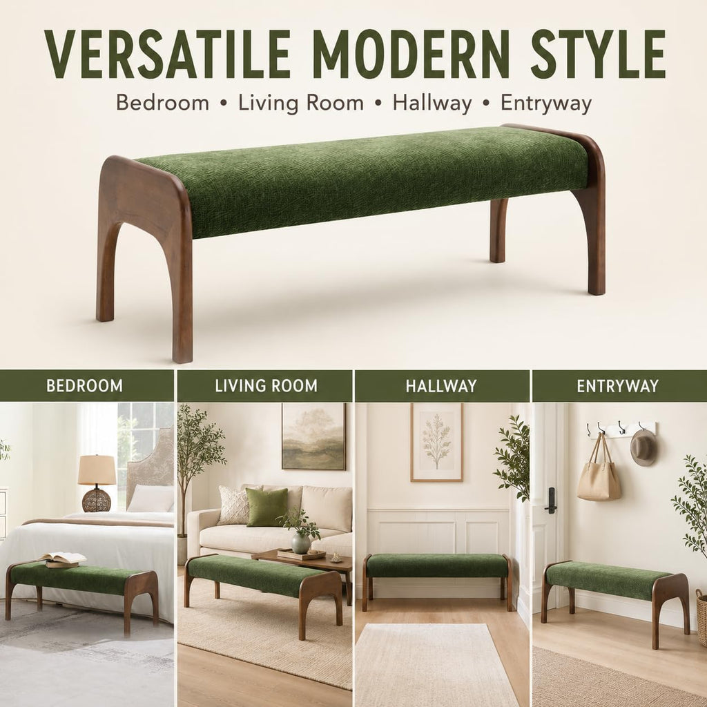 50.25“ Upholstered Bench, Modern Dining Bench with Soft Chenille Fabric, 6" Padded Seat and Rubber Wood Legs, End of Bed Bench for Bedroom, Entryway, Hallway, Living Room (C-Green)