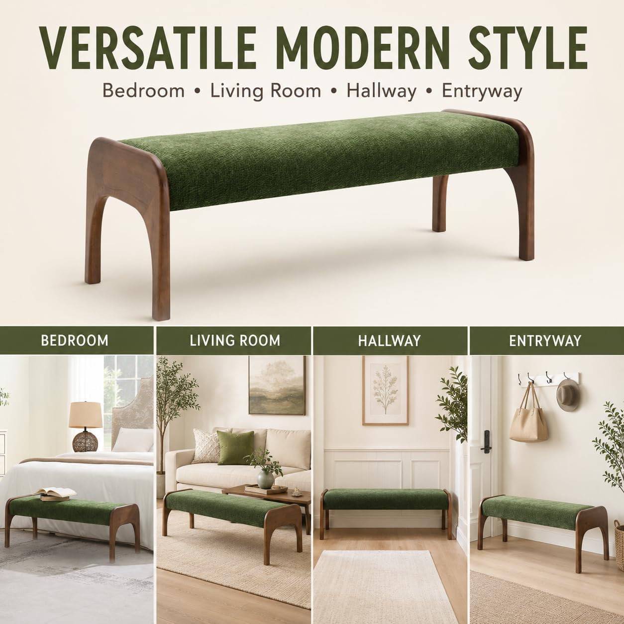 50.25“ Upholstered Bench, Modern Dining Bench with Soft Chenille Fabric, 6" Padded Seat and Rubber Wood Legs, End of Bed Bench for Bedroom, Entryway, Hallway, Living Room (C-Green)