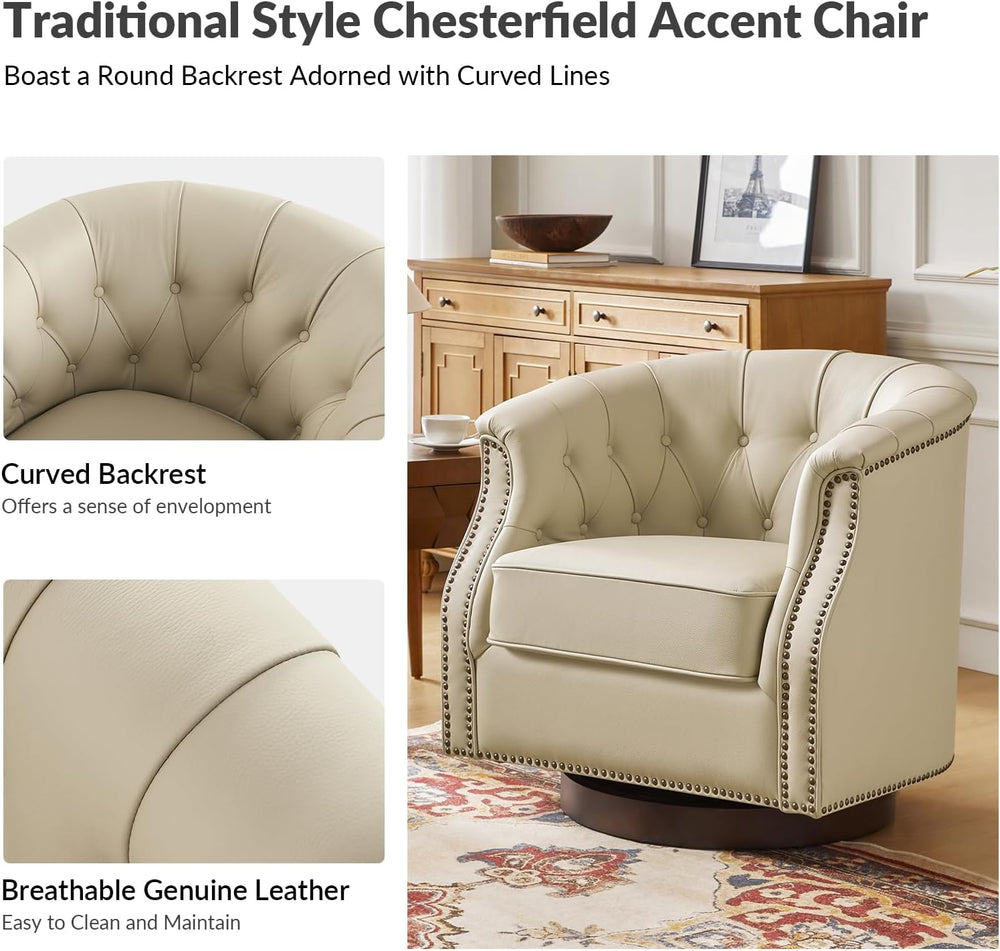 HULALA HOME Genuine Leather Swivel Rocker Chairs, Fully Assembled, Beige | Se...