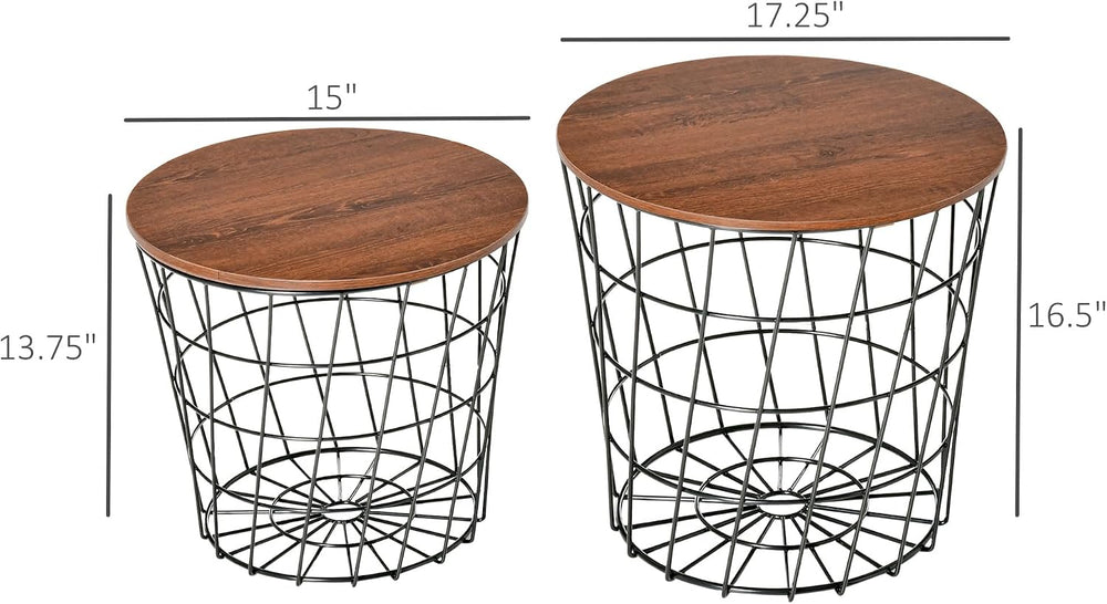 HOMCOM End Tables Set of 2, Nesting Tables with Storage Black/Brown | Round A...