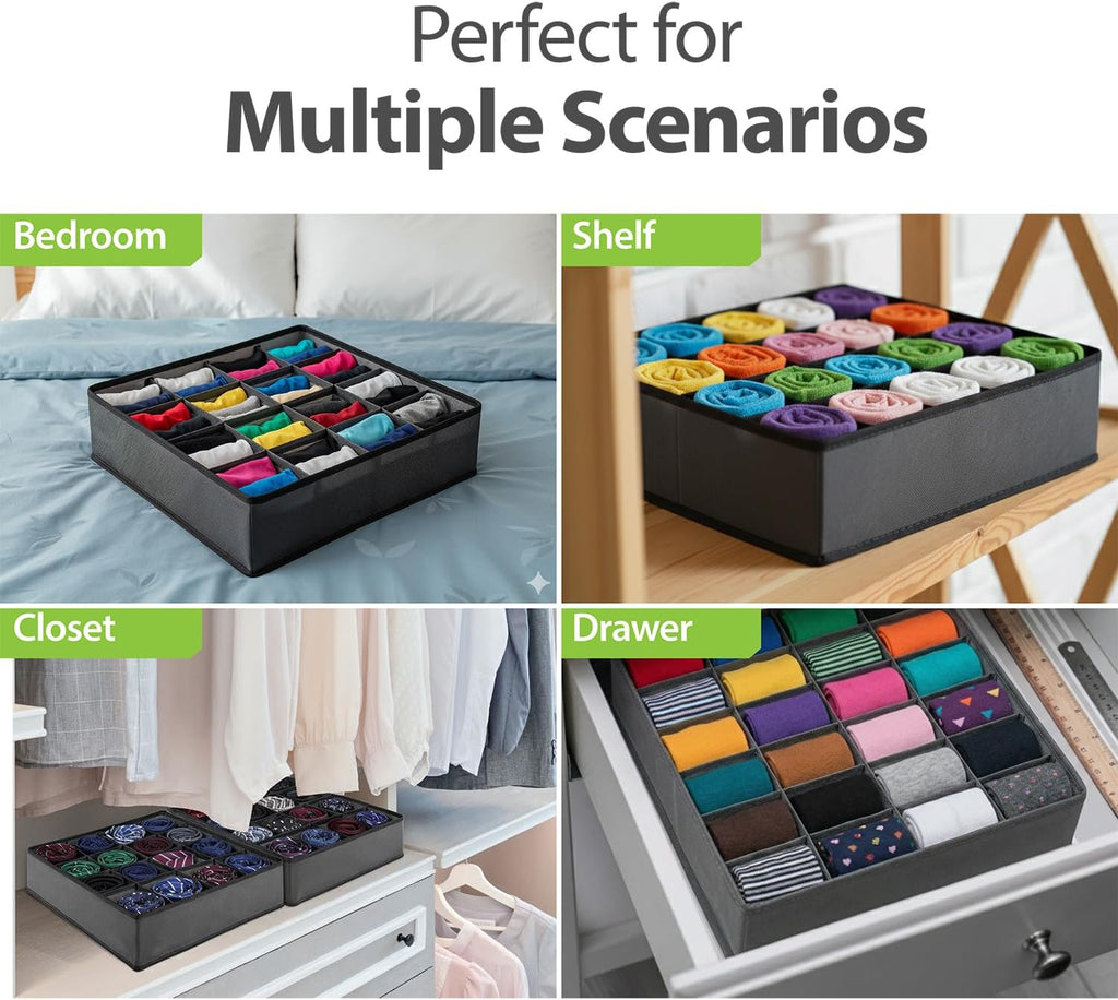 24-Cell Drawer Organizer, 4-Pack 12x12x4in Gray | Foldable storage box, 24 cells, 12x12x4 inches, maximizes drawer/wardrobe space, for socks/underwear/bras/ties.