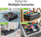 24-Cell Drawer Organizer, 4-Pack 12x12x4in Gray | Foldable storage box, 24 cells, 12x12x4 inches, maximizes drawer/wardrobe space, for socks/underwear/bras/ties.