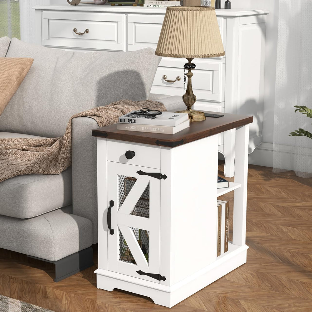 SUNSITT Side Table with Charging Station, Farmhouse End Tables with Back Stor...