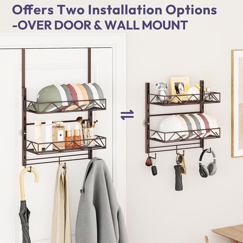 SWTYMIKI Over Door Hat Organizer - 3 Tier Wall Mounted Hat Rack with 2 Adjustable Metal Basket and 3 Hooks, Hanging Baseball Cap Organizer Storage Holds up to 29 Caps for Door, Bedroom, Closet