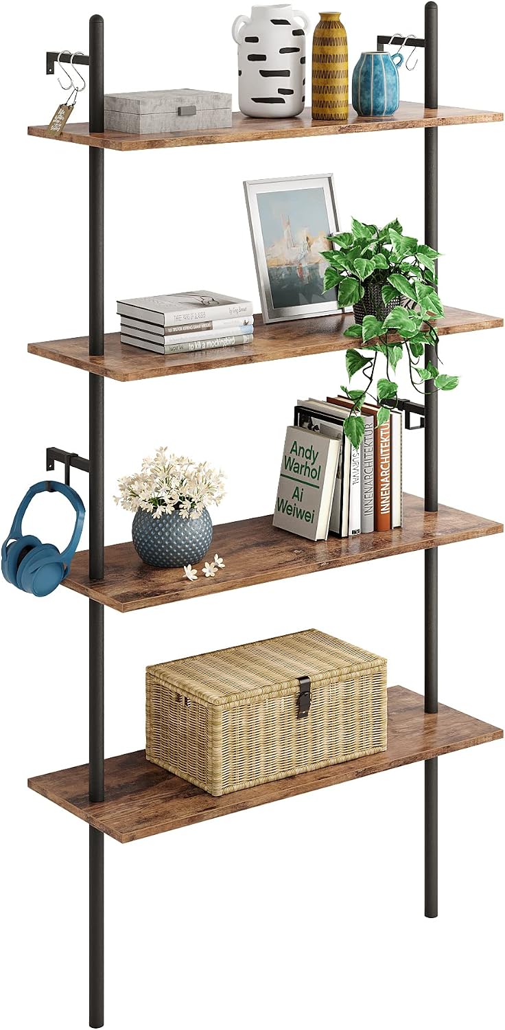 Bestier 65" Industrial Wall-Mounted Ladder Shelf 4 Tier Bookshelf with Storage Organizer Plant Flower Display Stand Round Tube Bookcase Rack with 2 Hooks for Home Office,Large,Rustic Brown