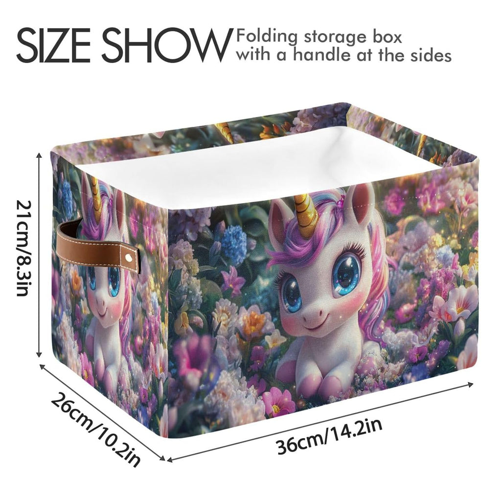 Emelivor Unicorn Flowers Garden Pink Storage Bin Collapsible with Handle Rectangle Waterproof Fall Basket for Storage Cube Closet Organizer for Nursery Office Shelf Book Bathroom