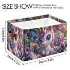Emelivor Unicorn Flowers Garden Pink Storage Bin Collapsible with Handle Rectangle Waterproof Fall Basket for Storage Cube Closet Organizer for Nursery Office Shelf Book Bathroom
