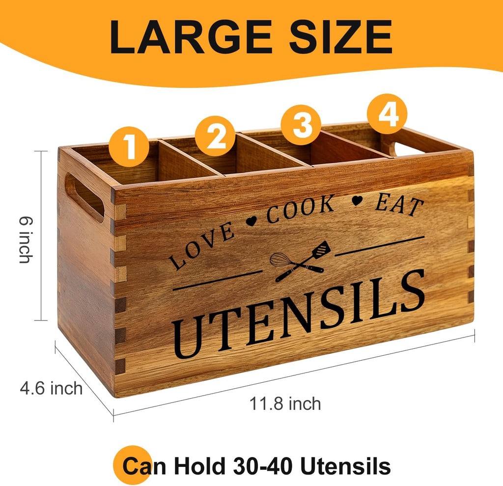 Acacia Wood Kitchen Utensil Holder Countertop Large Cooking Spoon Organizer | Farmhouse Wooden Spatula Holder for Party Counter Utensils Caddy Rustic Kitchen Accessories Decor Extra Large Utensil Crock