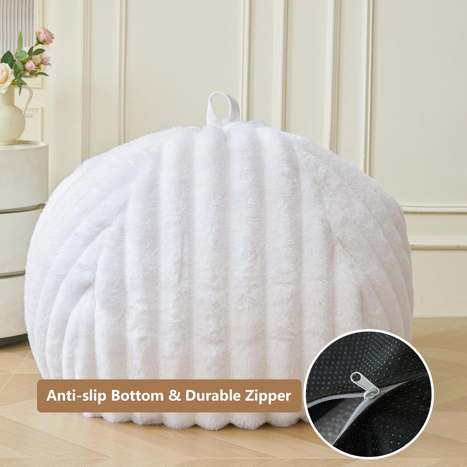 MEGO Fluffy Faux Rabbit Fur Bean Bag Chair Cover(No Filler), Soft Plush Fuzzy Striped Stuffed Animal Storage Bean Bag, 3FT Large Furry Ribbed Beanbag Cover for Bedroom Living Room, Anti-Slip, White