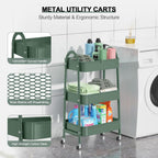 EAGMAK 3 Tier Utility Rolling Cart, Metal Storage Cart with Handle and Lockable Wheels, Multifunctional Storage Organizer Trolley with Mesh Baskets for Kitchen, Living Room, Office, Garage (Jungle)
