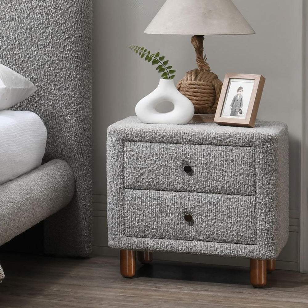 Grey Boucle 2-Drawer Upholstered Nightstand,for Small Spaces