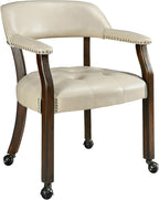 LEEMTORIG Large Dining Chairs with Casters and Arms, Rolling Dining Chairs with Wheels, Solid Wood Office Desk Chairs, 26“Dx25.2 Wx31.5“H, Espresso Legs & Beige PU, XXY-1910-BG