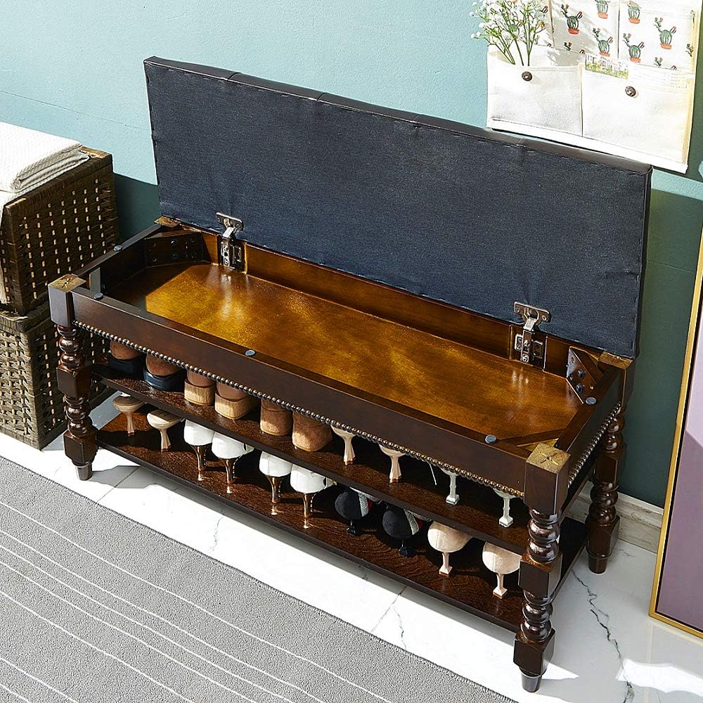 LEILISI Shoe Bench, Wood Storage Bench with Cushion Seat, Shoe Rack with Hidd...